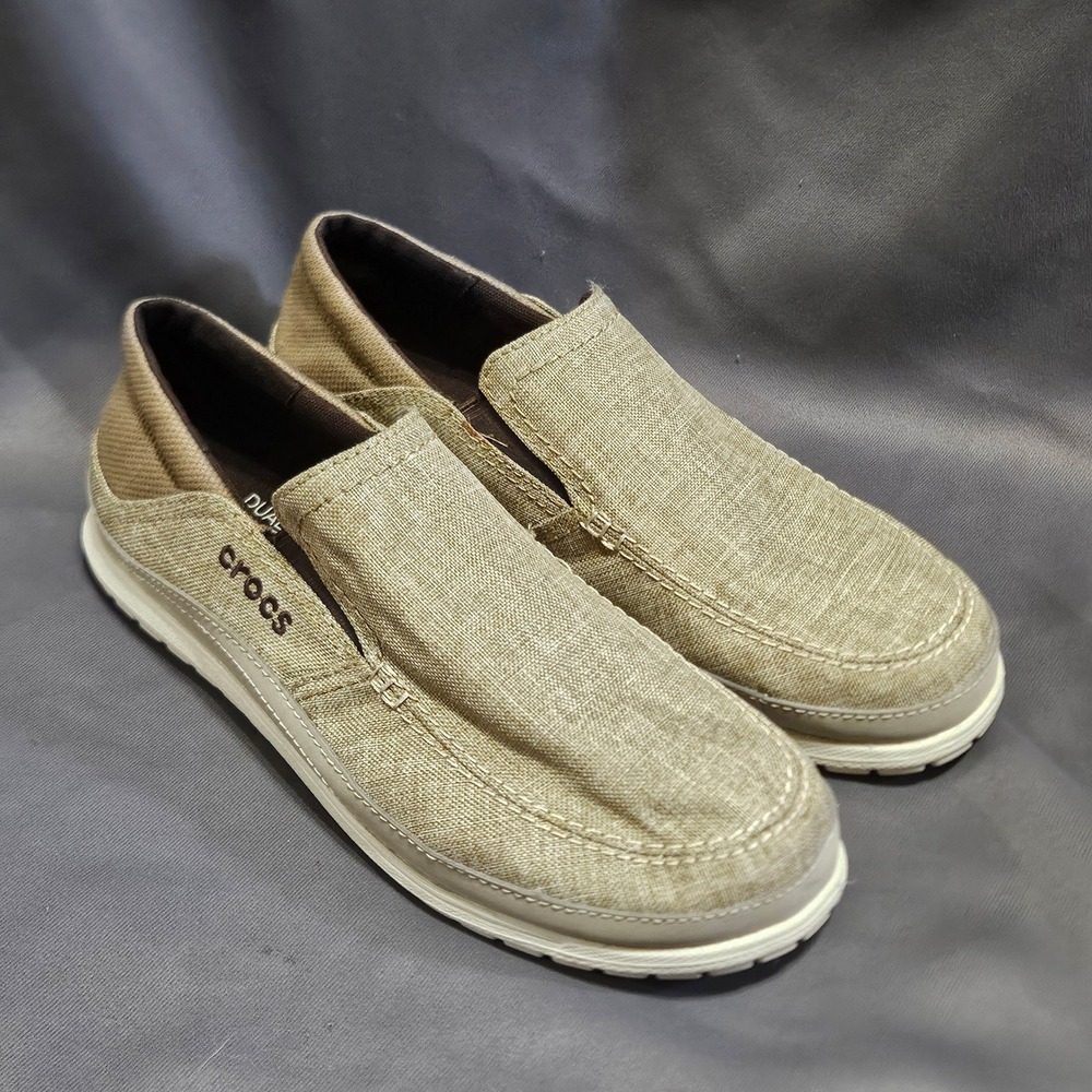 Crocs Santa Cruz 2 Luxe Mens 9 Khaki Brown Canvas Slip On Loafers 204835